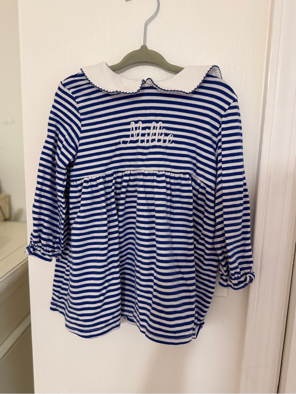 Girls Blue & White Striped Pajama Top with Peter Pan Collar